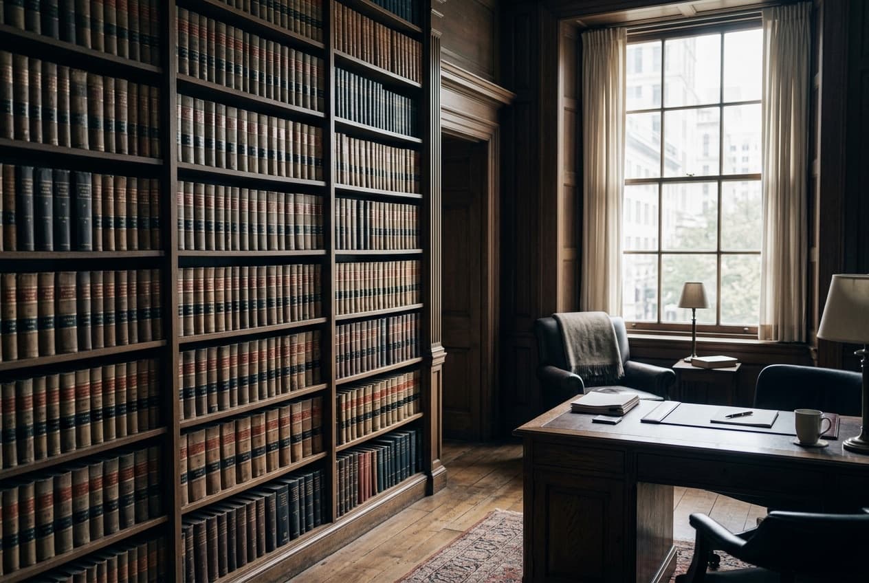 A quiet law office lined with bound legal books