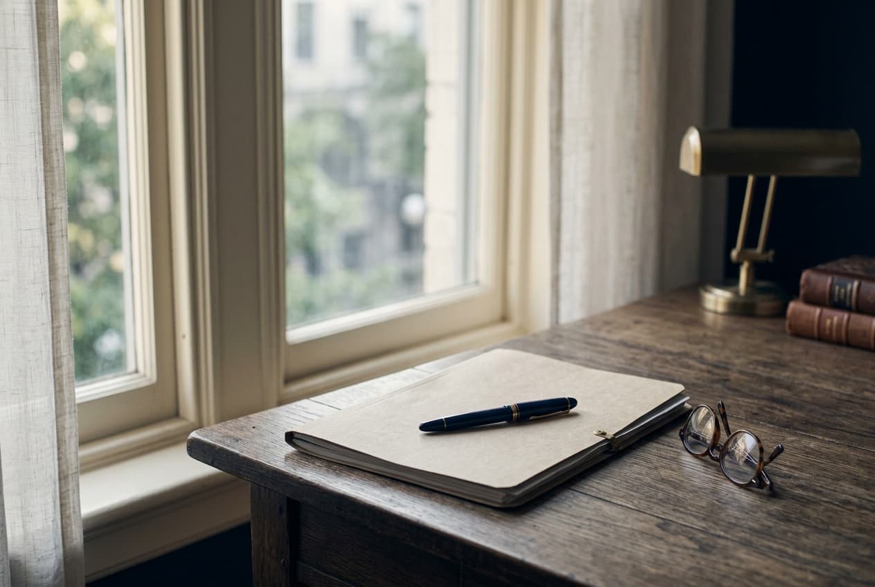 A quiet desk with a folder of paperwork, a pen, and reading glasses