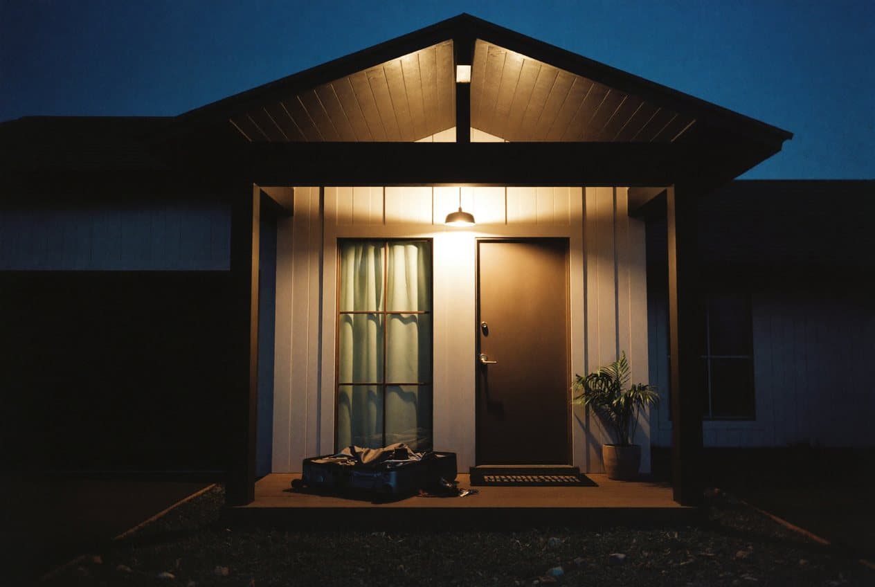 The lit front porch of a vacation rental at dusk with a suitcase by the door