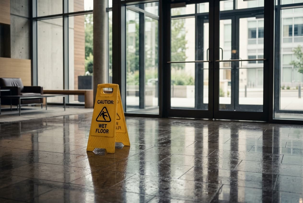 A wet-floor caution sign on a tiled lobby floor